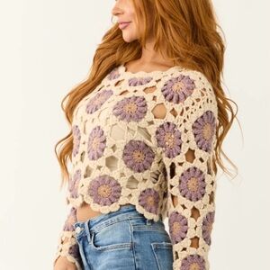 REBELLION Crochet Long Sleeve Knit Festival Top, Ivory Purple